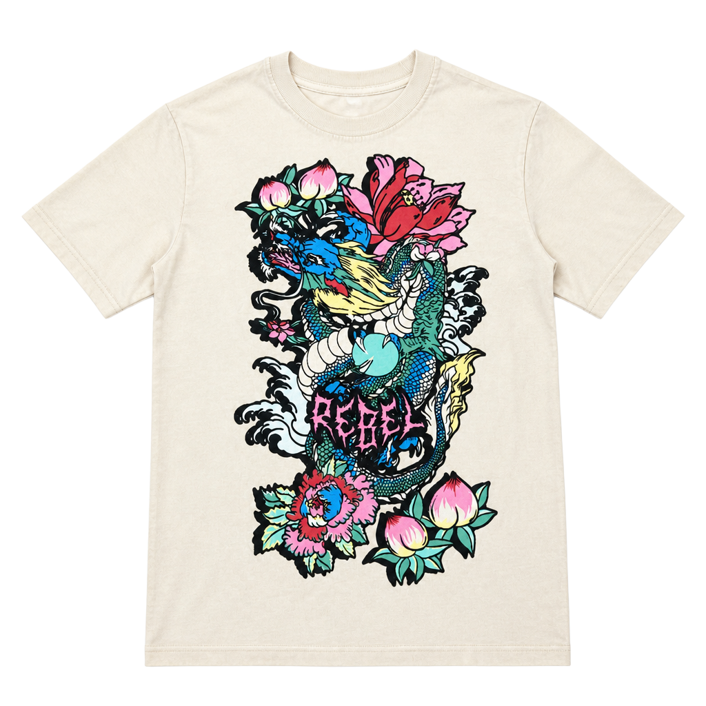 Rebel Vengeance Japanese Tattoo Style Dragon and Floral Graphic T-Shirt 1