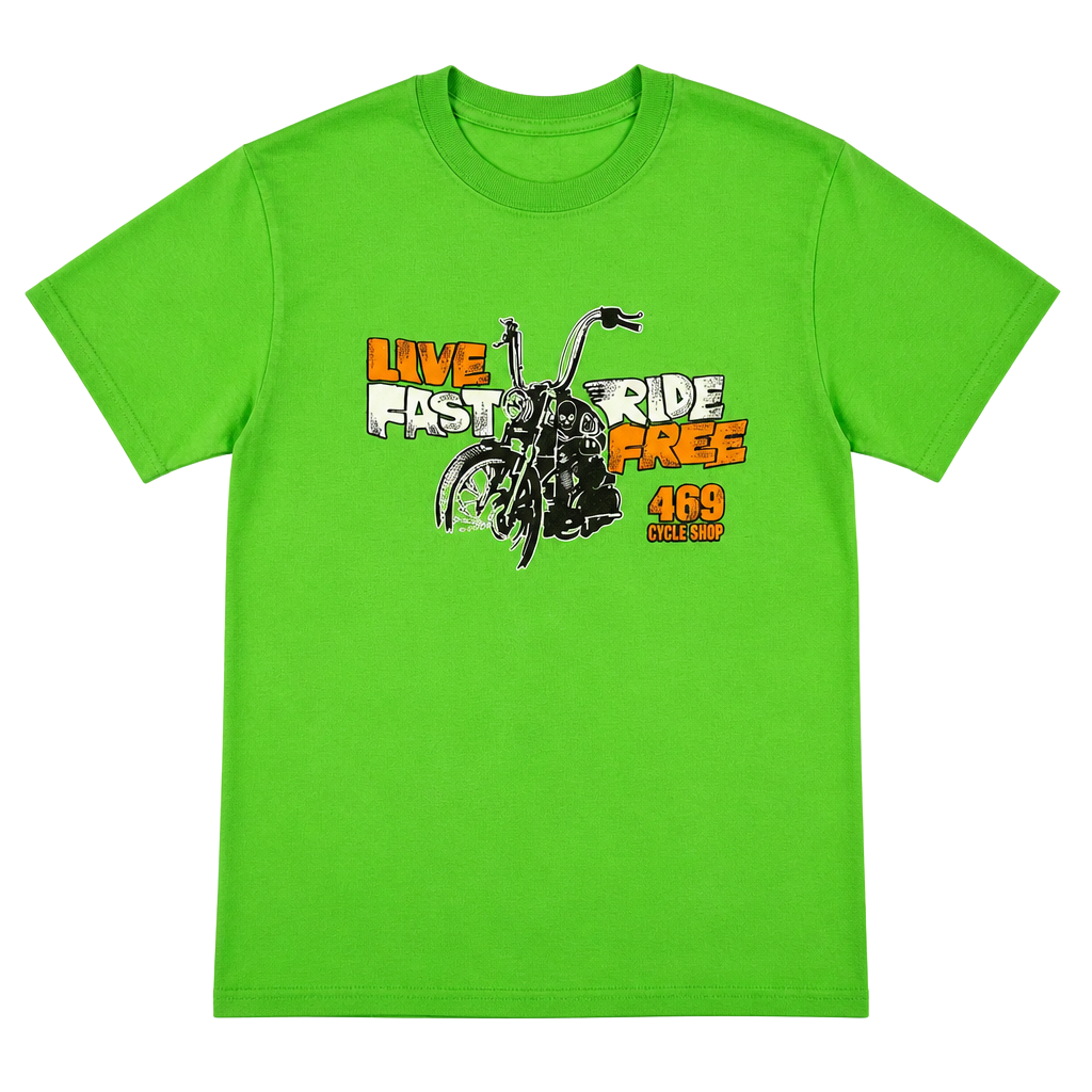 Gildan DryBlend 469 Cycle Shop Live Fast Ride Free Green Biker T-Shirt 1