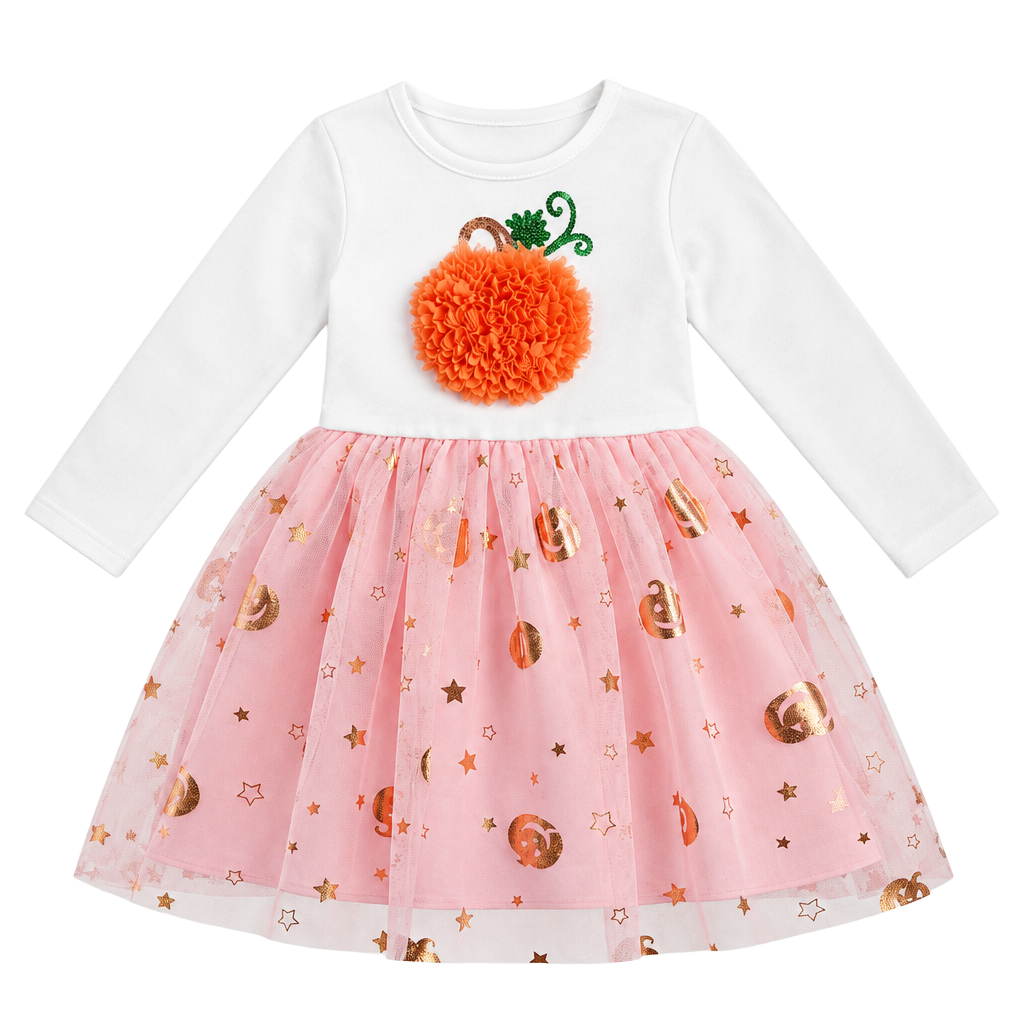 Zunies Long Sleeve Pumpkin Tutu Dress White Pink Sequin 1