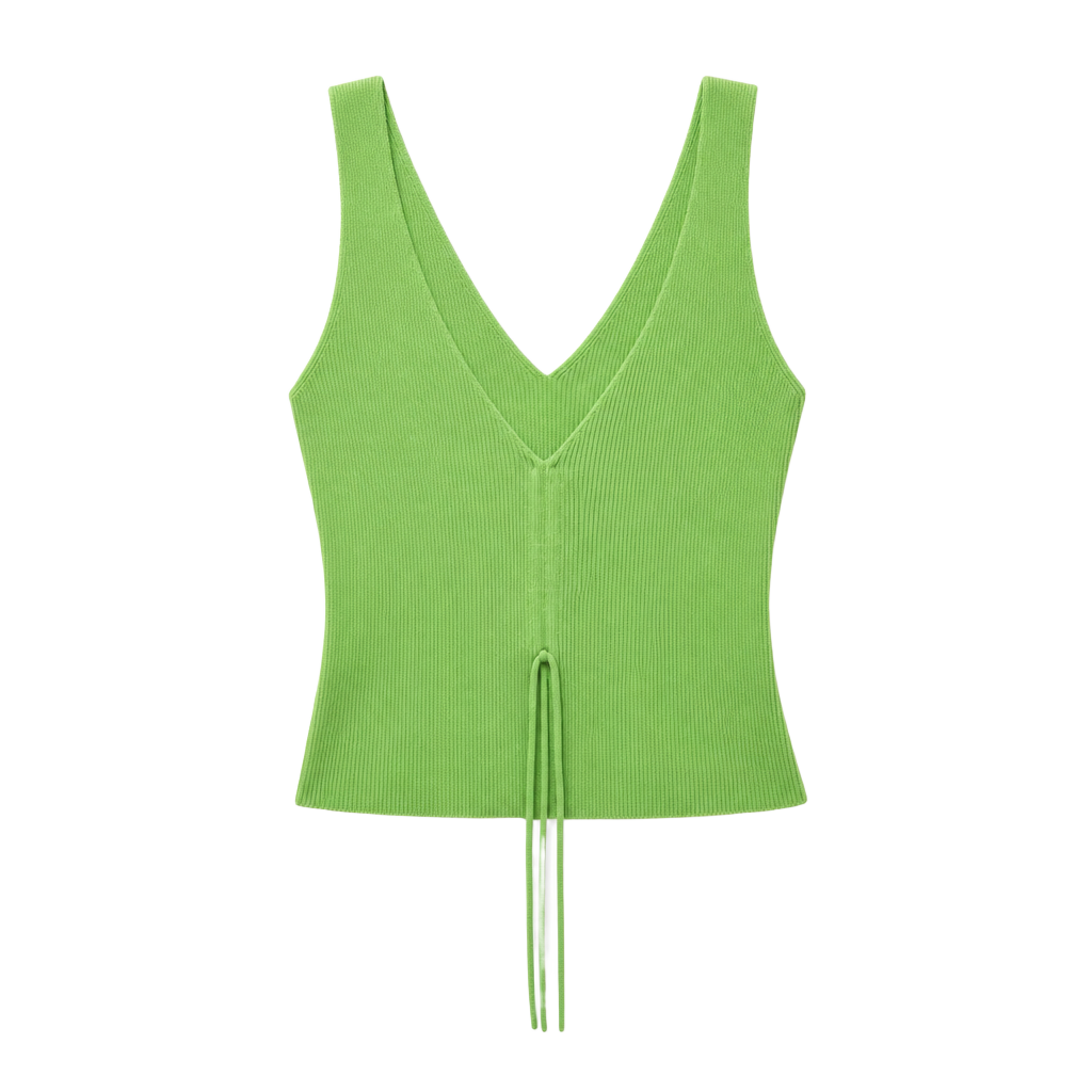 Cotton Emporium V-Neck Ribbed Knit Tank Top with Tie Front Detail 1