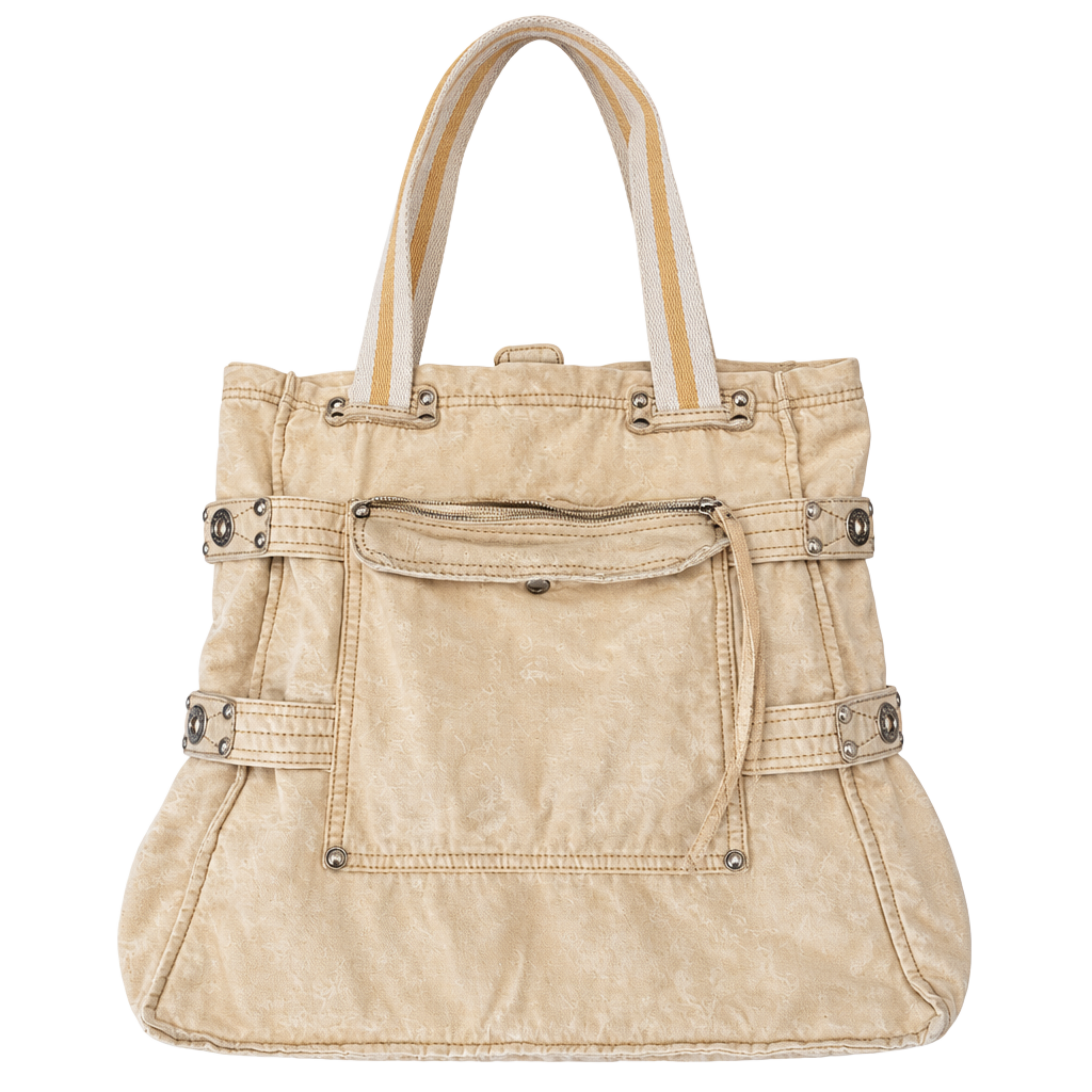 GAP Cream Canvas and Leather Tote with Front Zip Pocket and Striped Handles 1