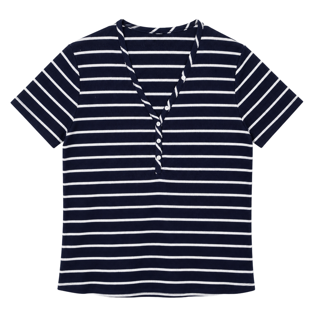 Liz Claiborne Sleepwear Navy and White Striped Short Sleeve Henley Top 1