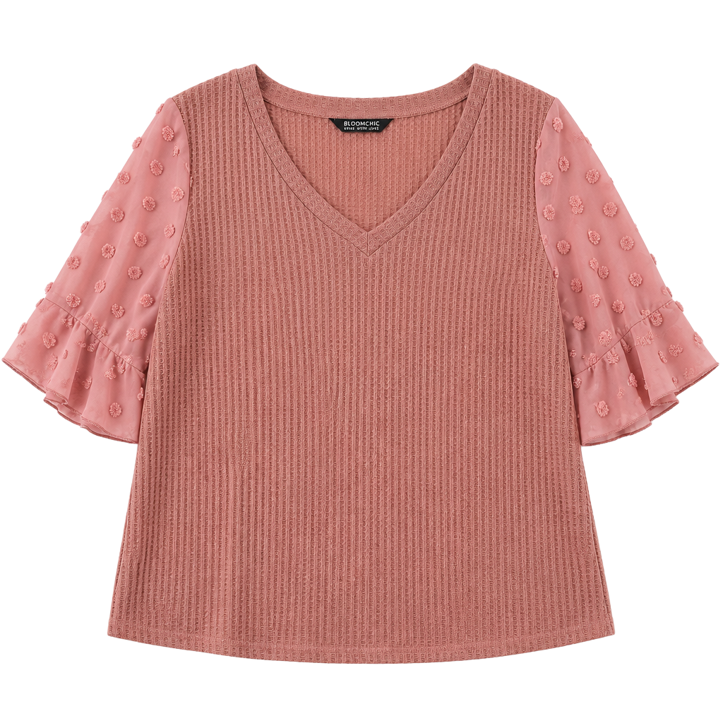 BloomChic Plus Size Dusty Pink Waffle Knit V-Neck Top with Swiss Dot Ruffle Sleeves 1