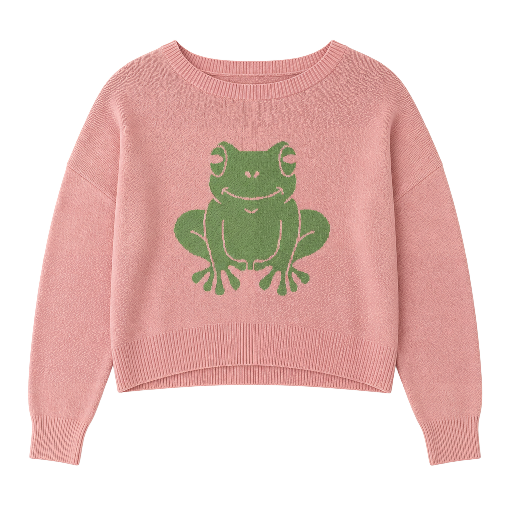 Originality Women's Pink Frog Graphic Crew Neck Knit Sweater 1