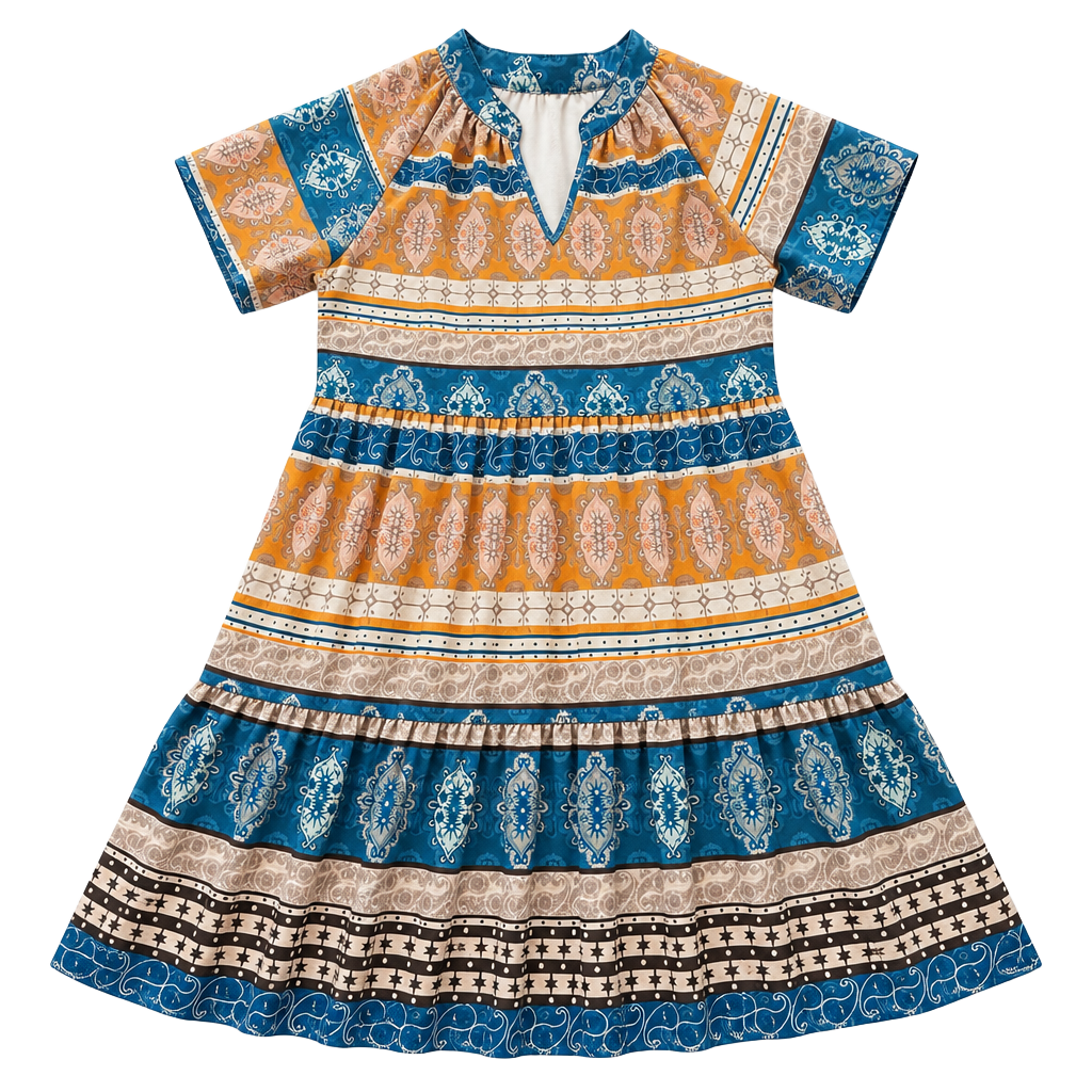 Bohemian Style Southwestern Print Short Sleeve Tiered 1
