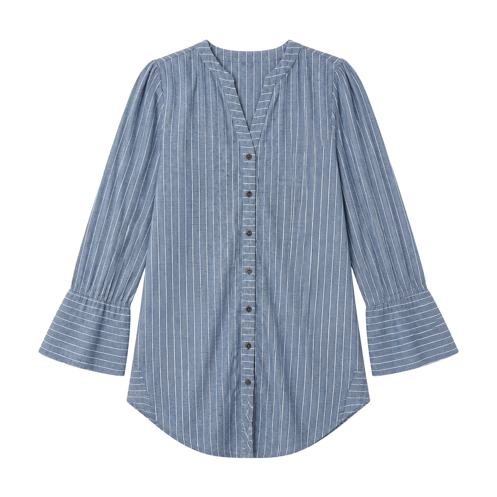 Umgee Tunics Size M Blue White Striped Button Down V-Neck Dress 1