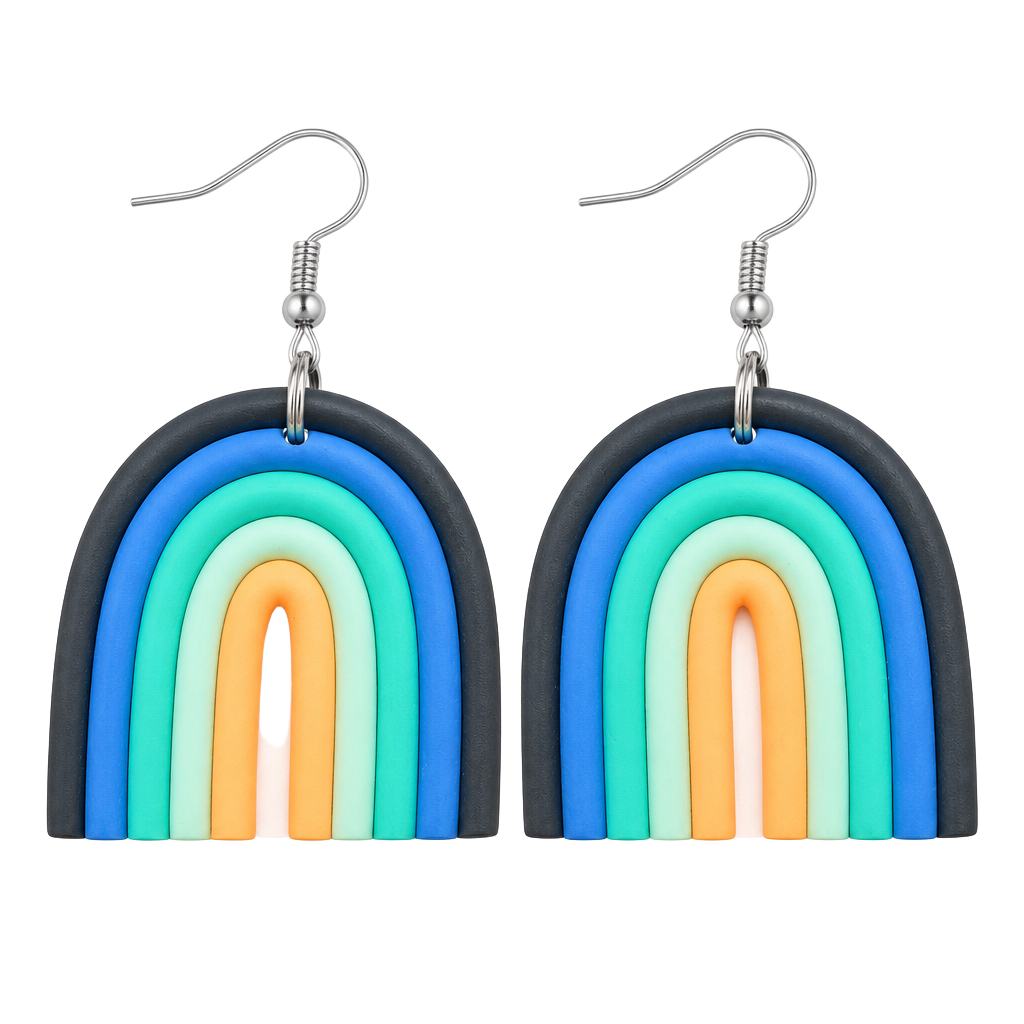 Handmade Polymer Clay Rainbow Dangle Earrings Blue Green Orange 1