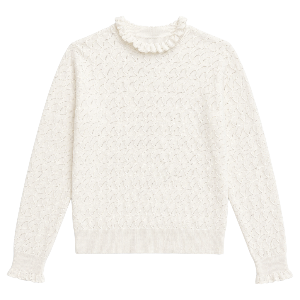 Sundance Cream Pointelle Knit Long Sleeve Sweater With Ruffle Mock Neck 1