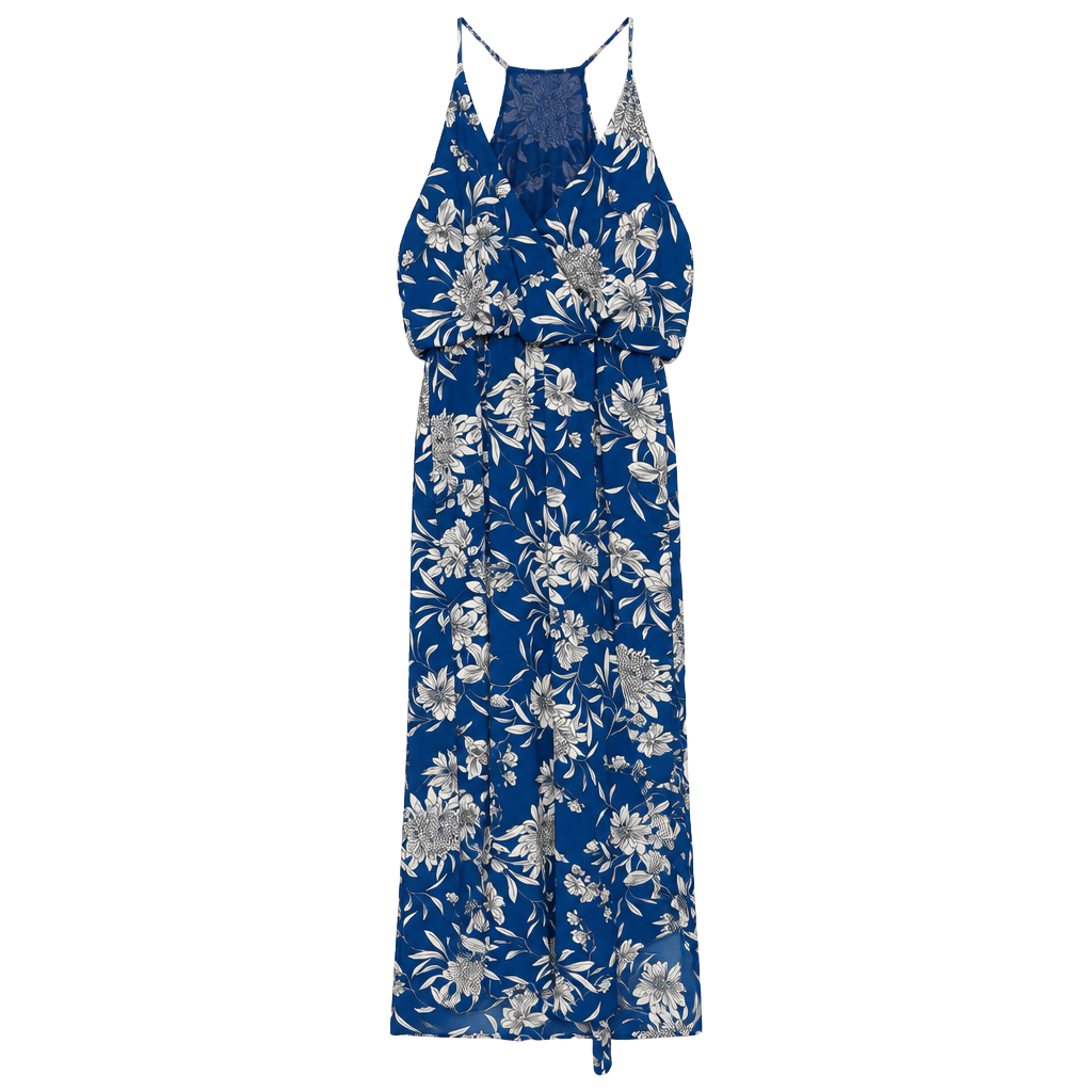 Lush Floral Maxi Dress Size M Blue White Halter V-Neck 1