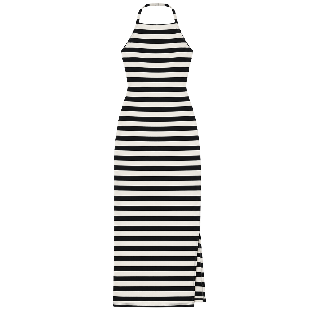Rachel Parcel Striped Halter Midi Dress Size M Black Beige 1