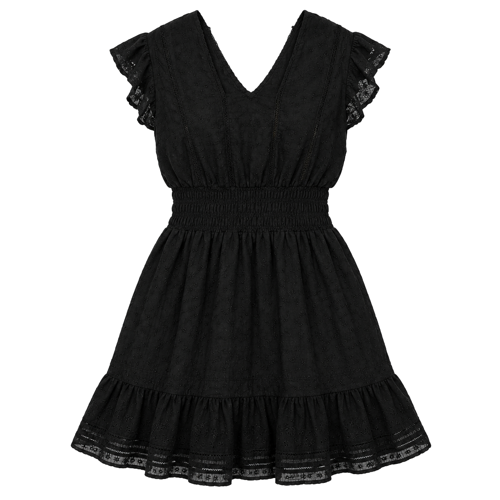 Rails Tara Smocked Mini Dress Size S Black Flutter Sleeve Lace Detail 1