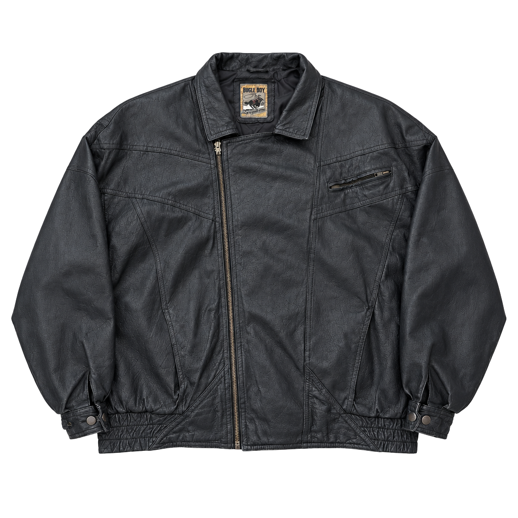 Vintage 90s Bugle Boy Black Genuine Leather Bomber Jacket Size Large 1