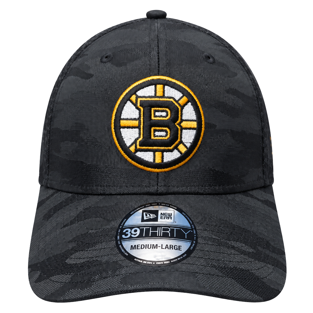 New Era Boston Bruins 39THIRTY M/L Black Camo Mesh Stretch Fit Hat NHL NWT 1