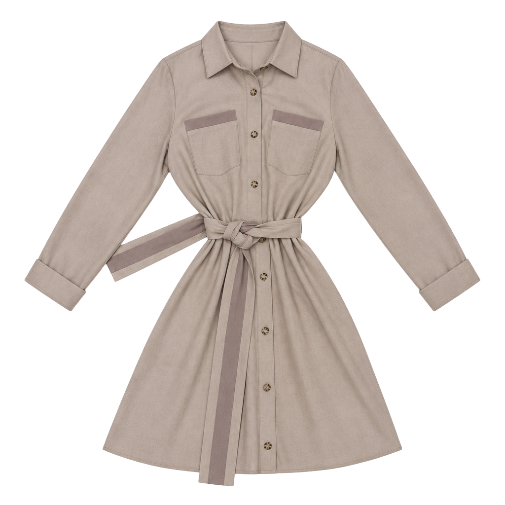 LA Threads Belted Shirt Dress Tan Long Sleeve Pocket Buttons 1