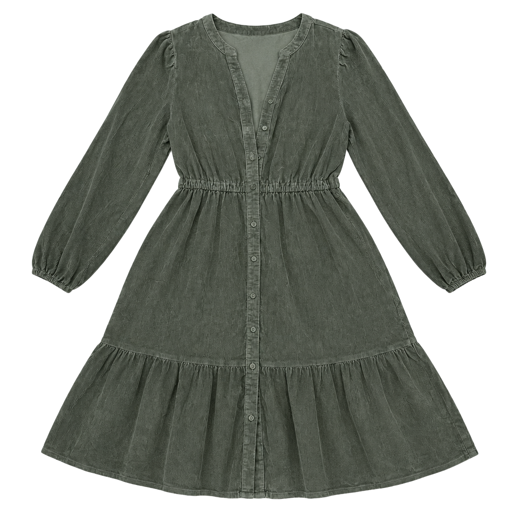St John's Bay Corduroy Dress Size M Green Long Sleeve Tiered Midi 1