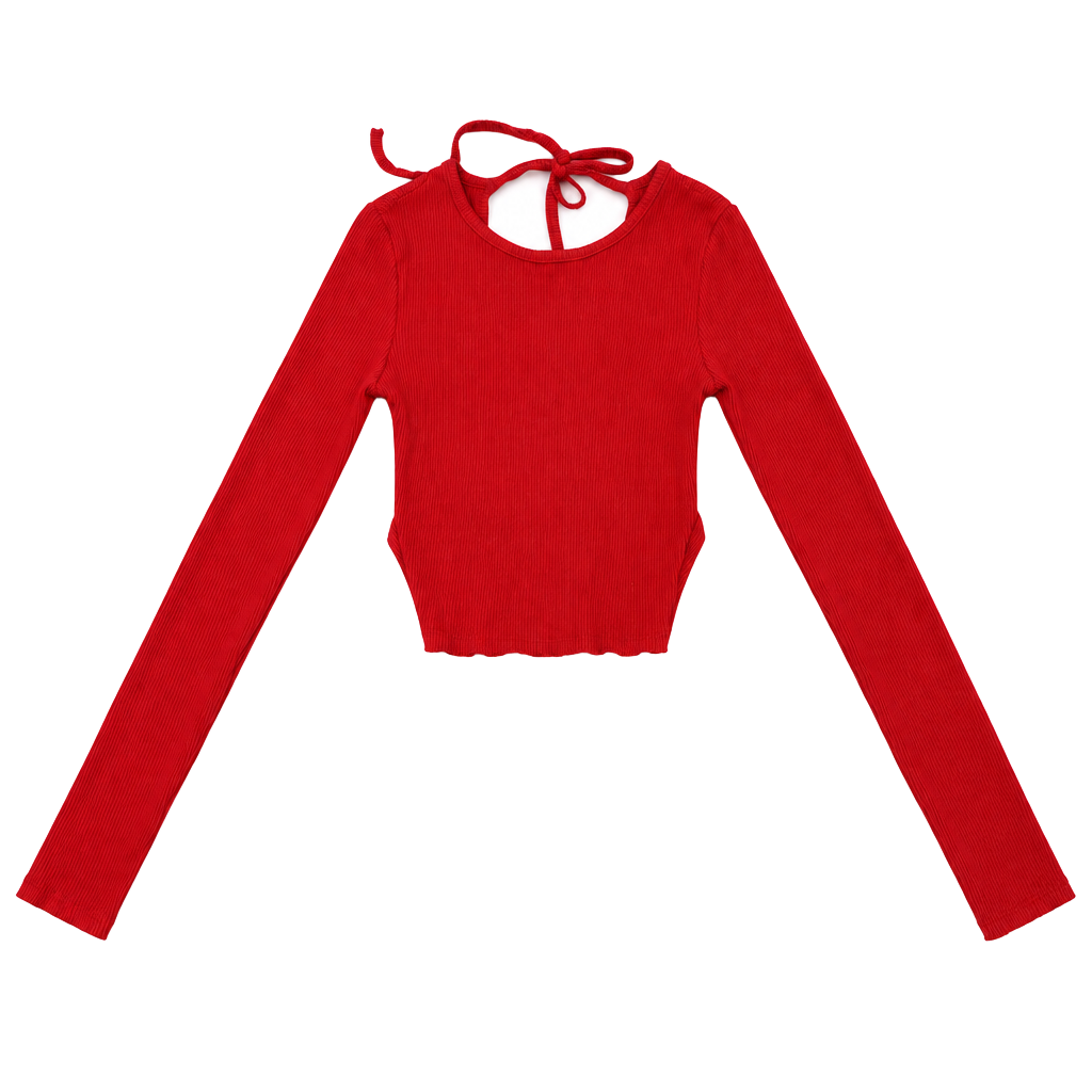 Attirance Long Sleeve Crop Top Red Ribbed Backless Open Back 1