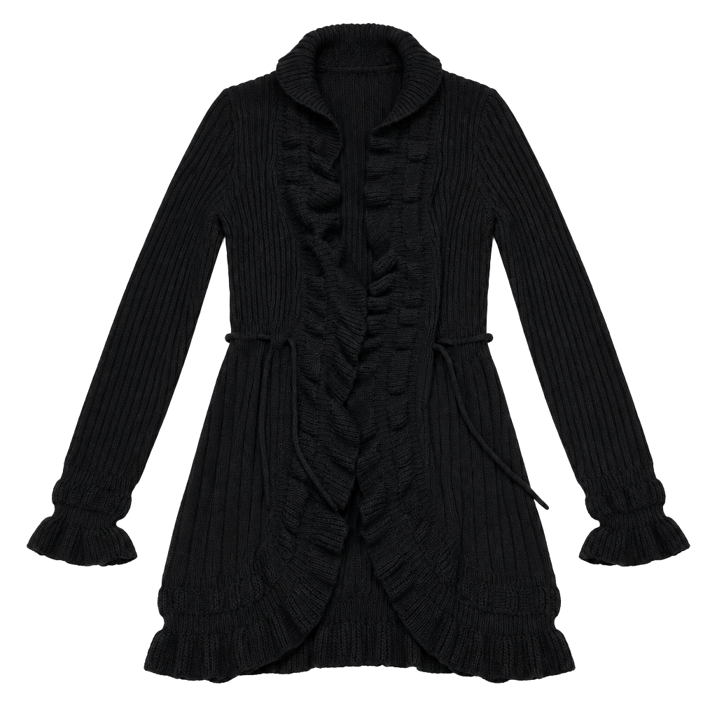 Carolyn Taylor Cardigan Size M Black Ruffle Ribbed Knit Open Front 1