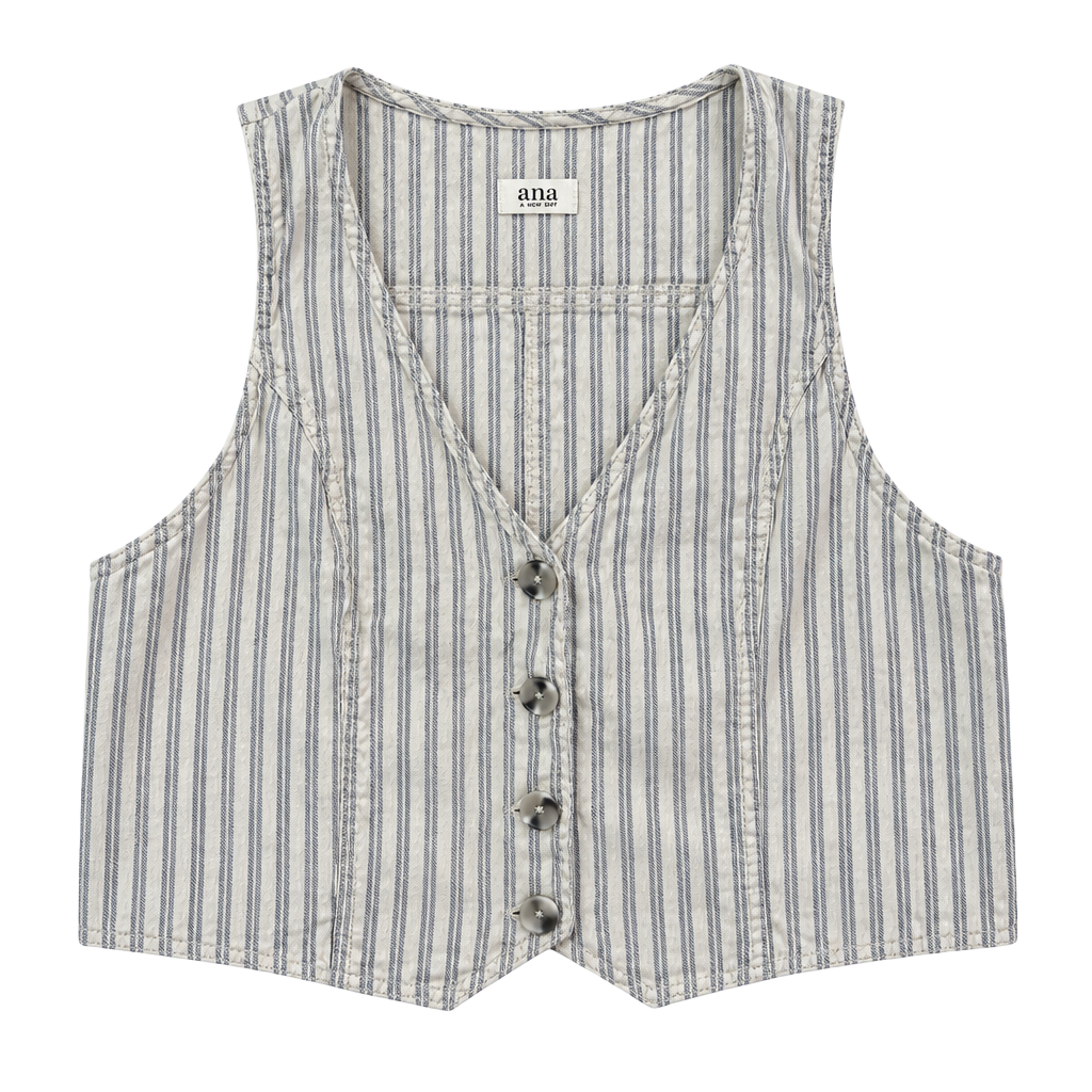Ana a New Approach Vest Size L Blue Striped Linen Cotton 1