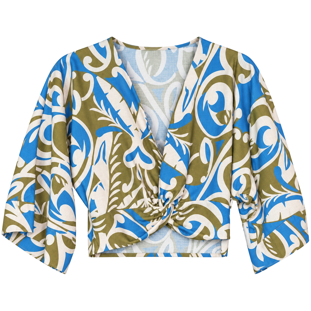 SundayUp Crop Top Size S Blue Olive Green Abstract V-Neck 1