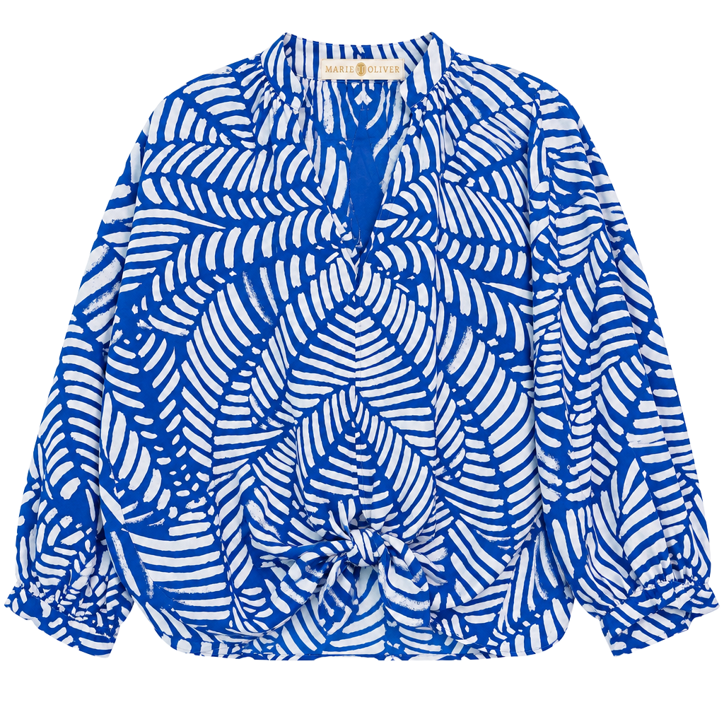 Marie Oliver Silk Blouse Size S Blue White Leaf 1