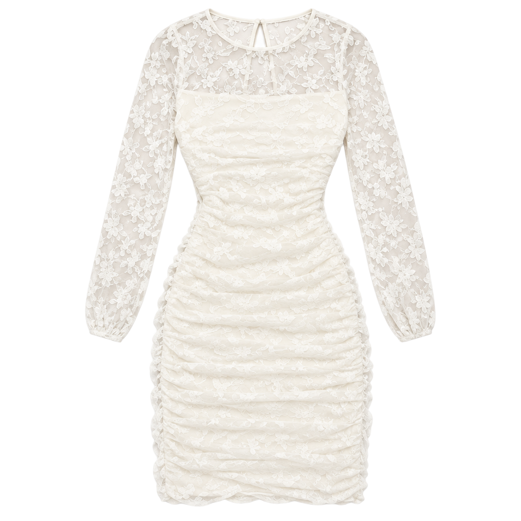 BHLDN Bailee Stretch Lace Ruched Dress White Long Sleeve 1