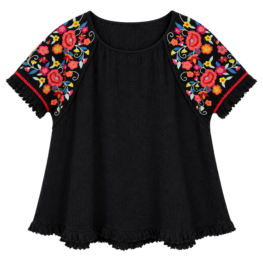NWT Umgee boutiqueEmbroidered Top Black Floral Short Sleeve Shirt Sz XL 1
