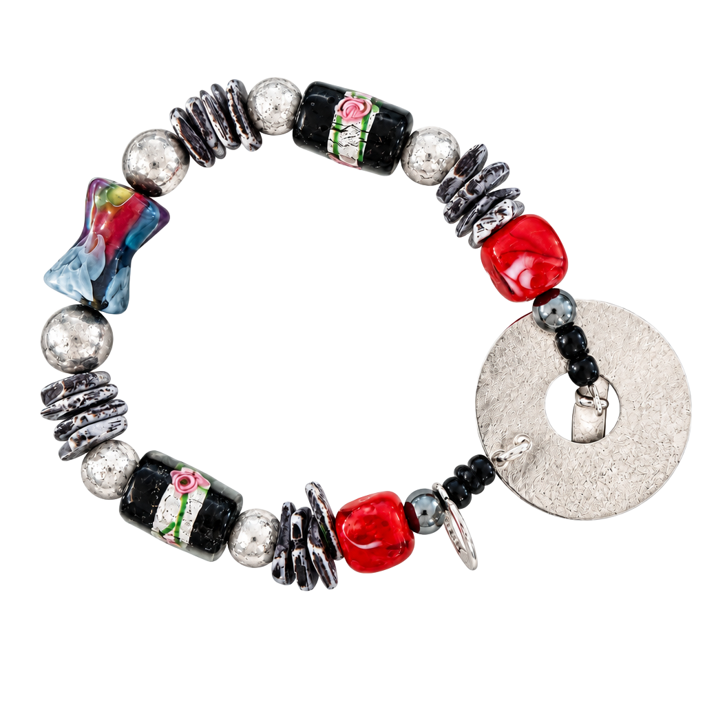 Artisan Lampwork Glass Beaded Toggle Bracelet Red Black 1