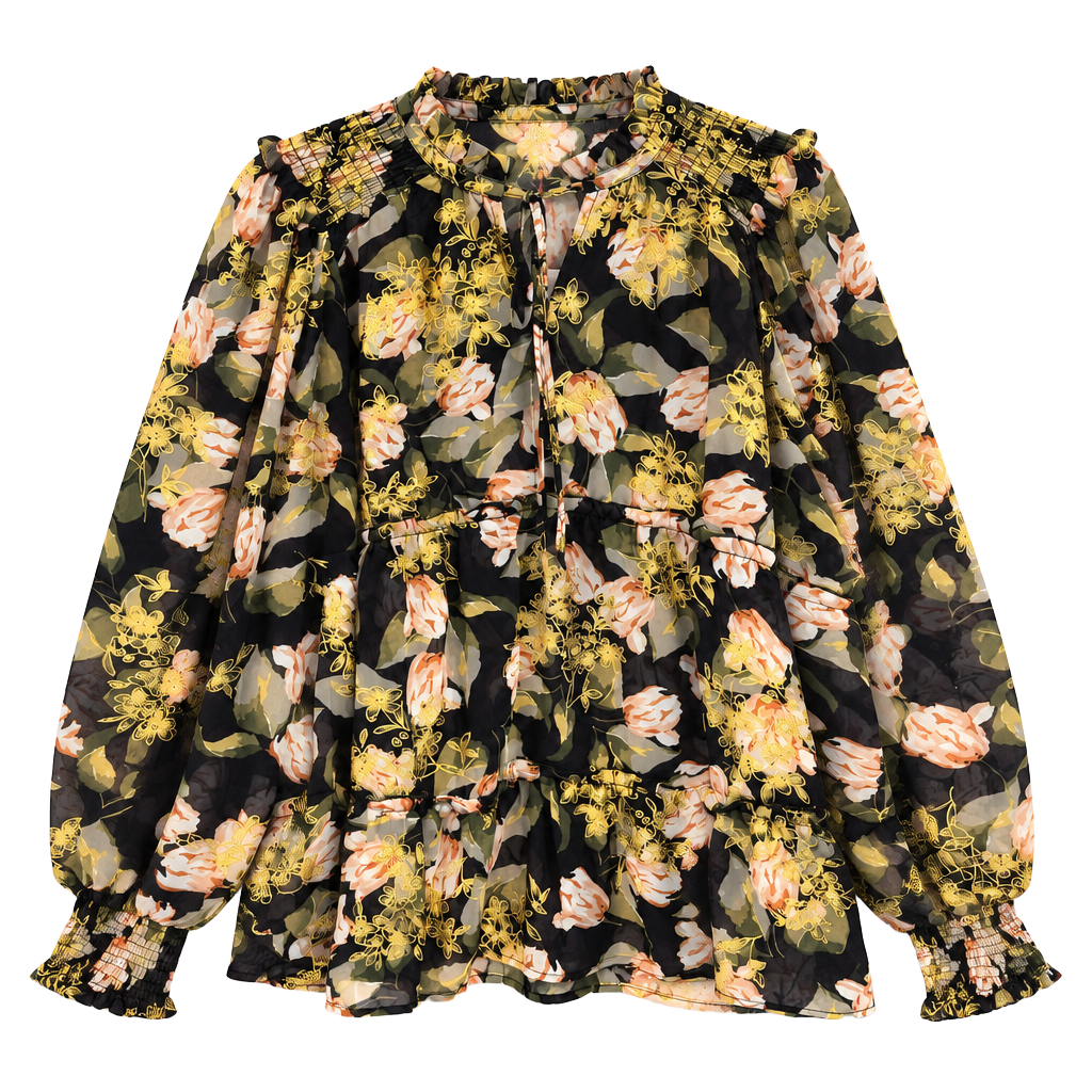 NWT Umgee boutique Floral Metallic Babydoll Blouse Sz L Black Gold 1