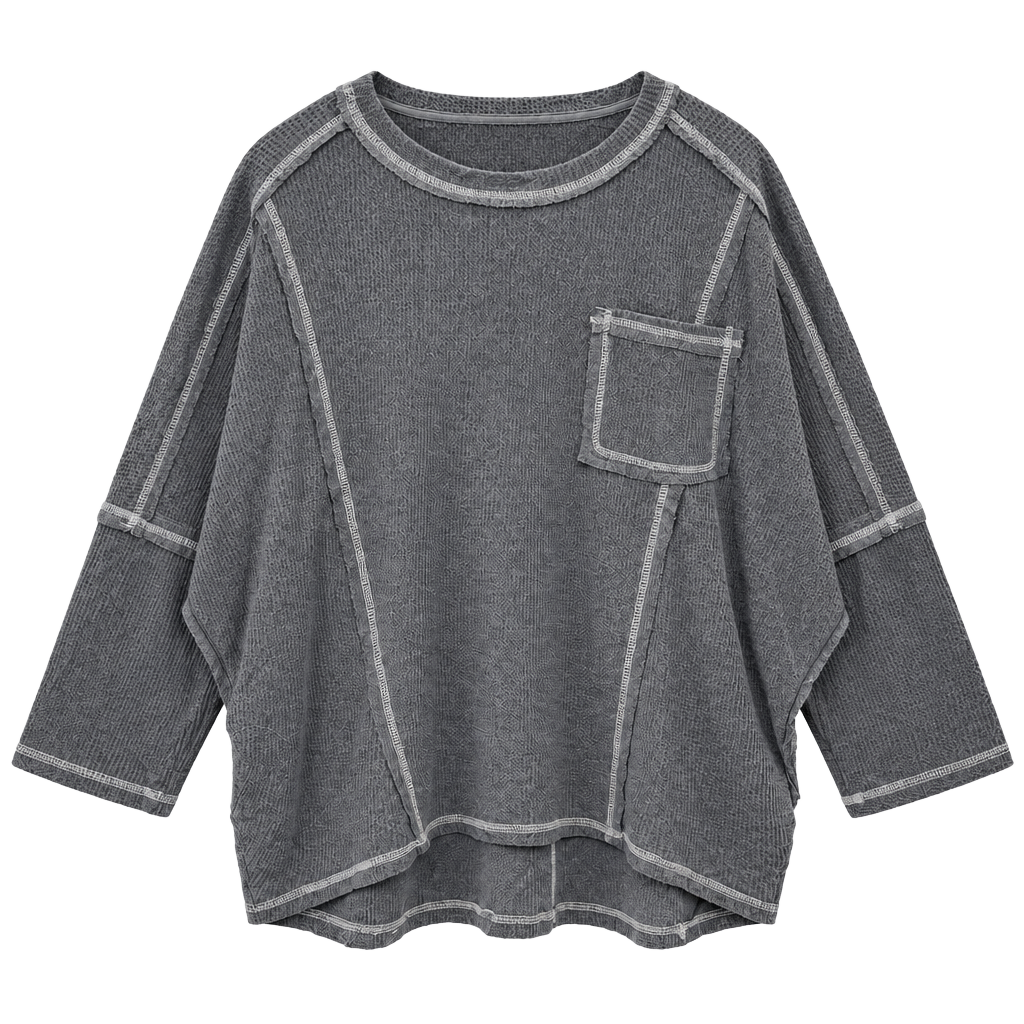 NWT Umgee Waffle Knit Top Size L Charcoal Gray Oversized Pocket Shirt 1