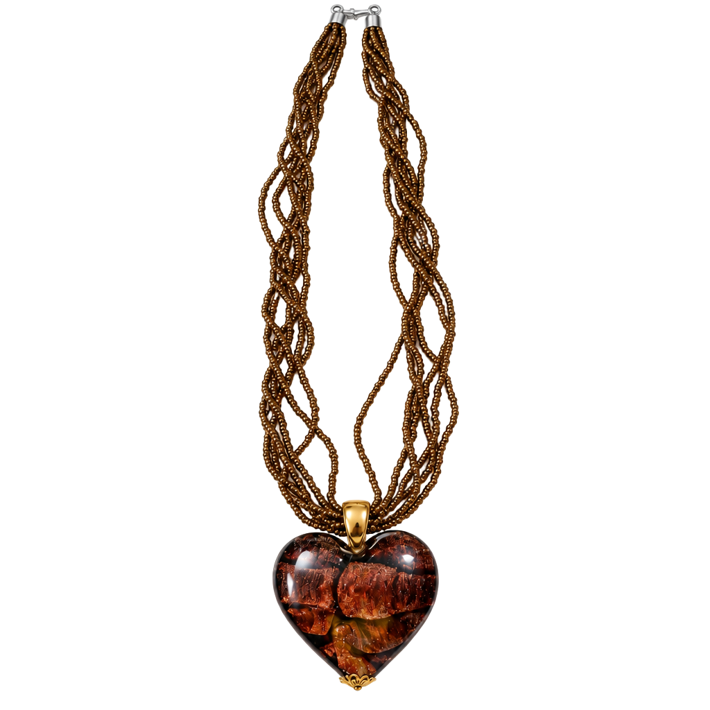 Art Glass Vintage Heart Necklace Brown Multi Beaded Pendant 1