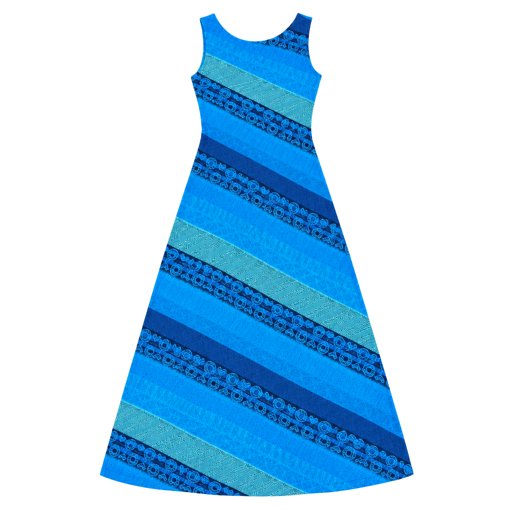 DJ Int'l Maxi Dress Size 9/10 Blue Geometric Print Rayon Sundress 1