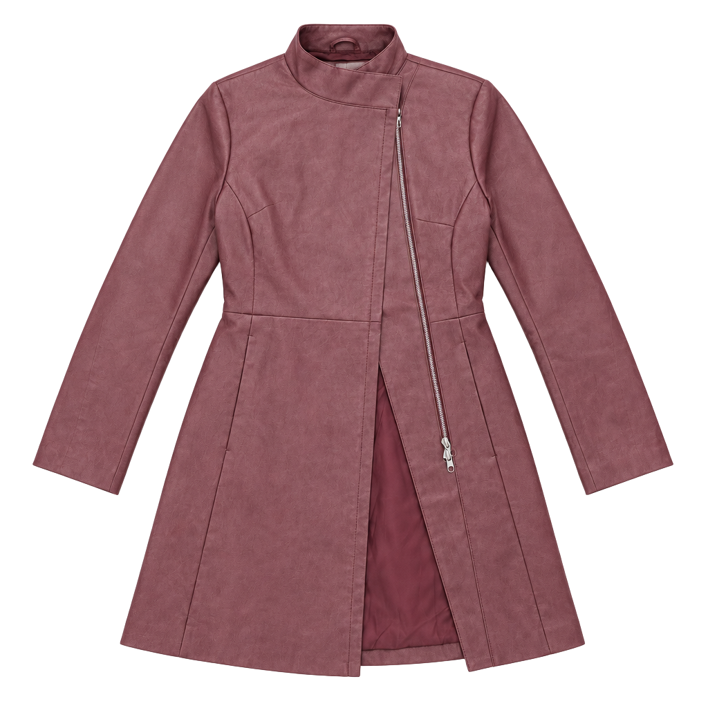 Jennyfer Faux Leather Long Jacket Size M Burgundy Asymmetrical Zip Coat 1