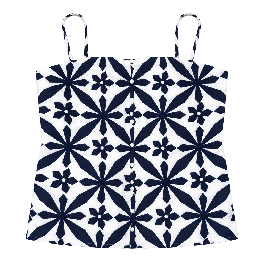 Skies Are Blue Tank Top Size M Blue White Floral Embroidered Rayon 1