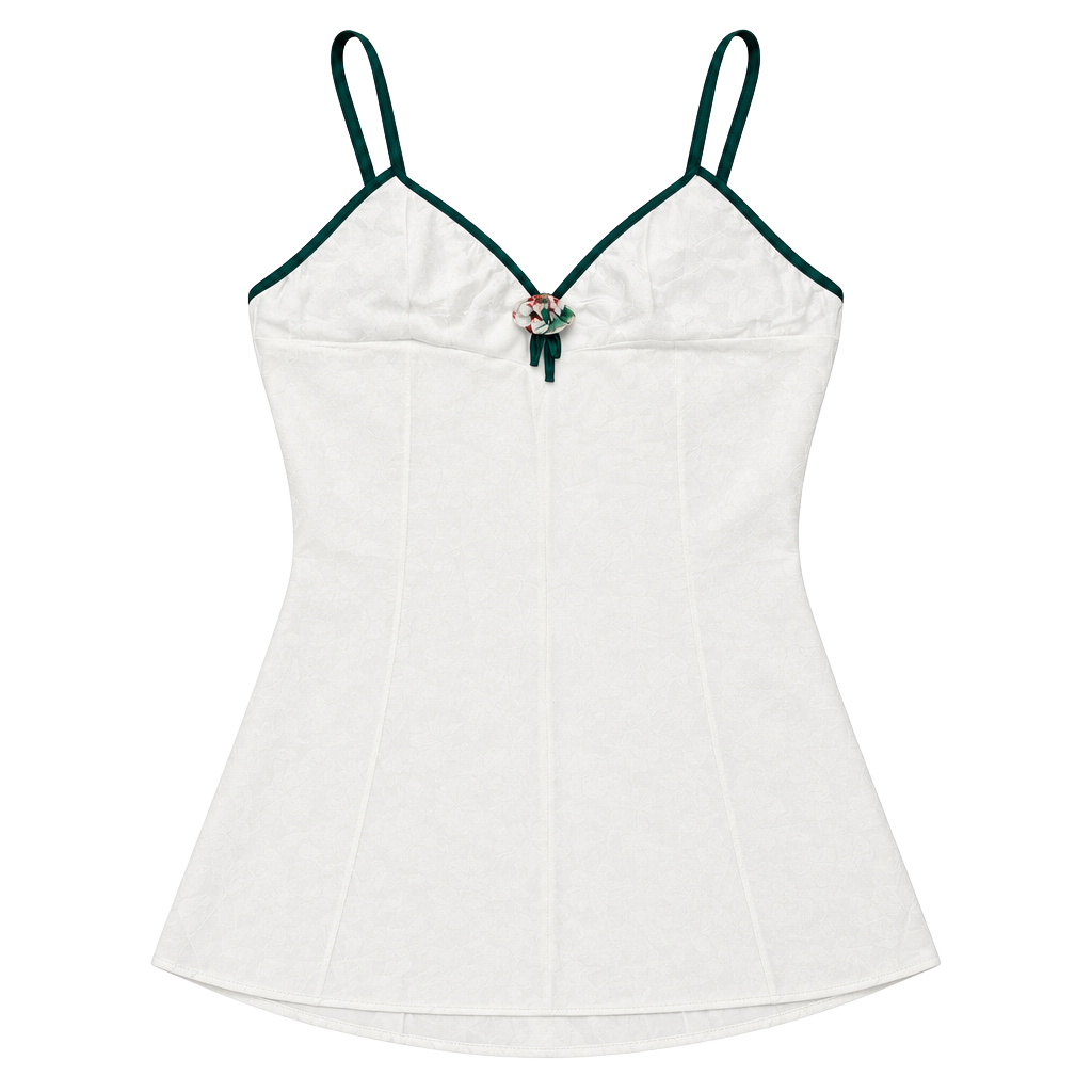 Wendy Ann Cami White Satin Green Trim Floral Applique 1