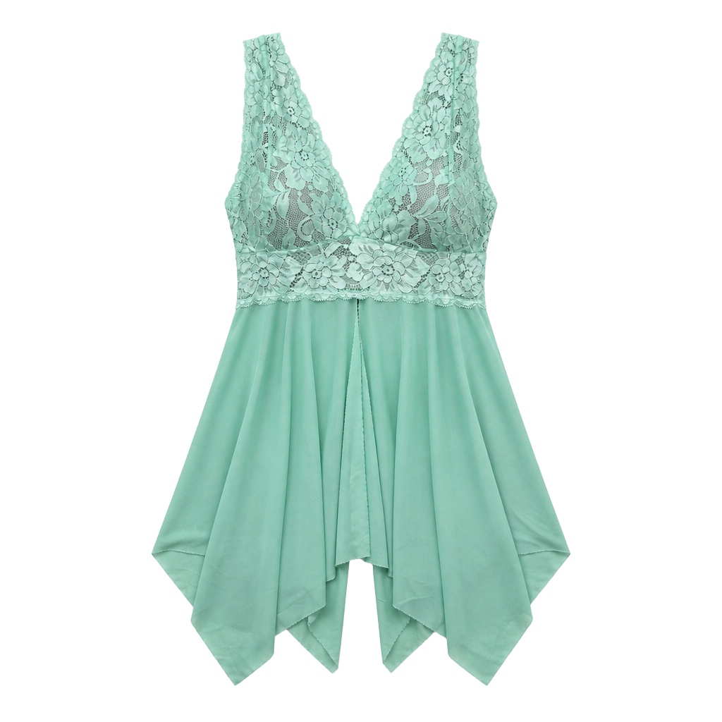 Sea Green Lace Trim Open Front Mesh Babydoll Chemise 1