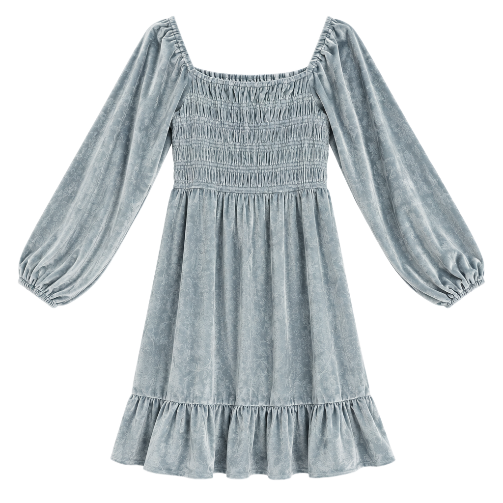 LC Lauren Conrad Velvet Dress Size XL Blue Long Sleeve Smocked Ruffle Hem 003-175 1