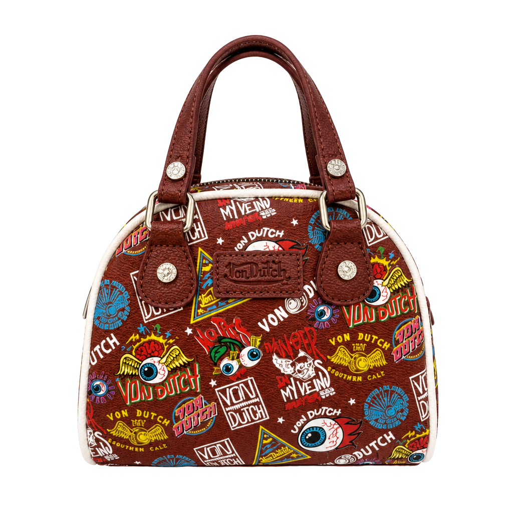Von Dutch Jax Bowling Bag in Brown with Multi-Color Graphic Logo Print 1