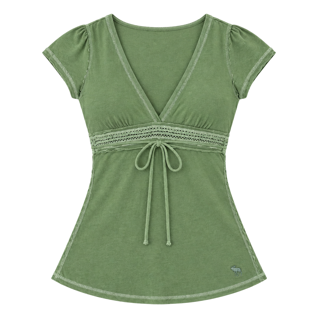 Abercrombie & Fitch Top Size S Green V-Neck Lace Y2K 1