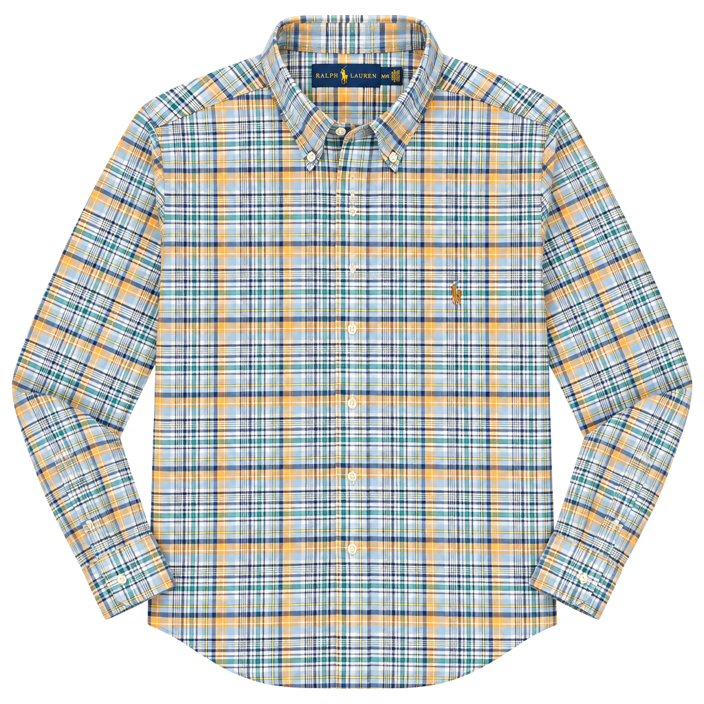 Ralph Lauren Plaid Button Down Shirt Size M Blue Orange Long Sleeve Fall Colors 1