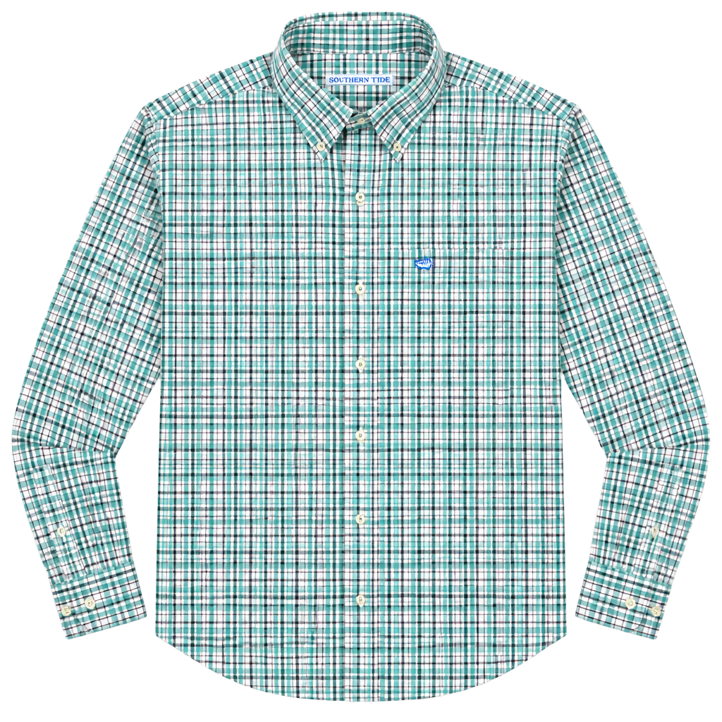 Southern Tide Plaid Long Sleeve Button Down Shirt bright Teal Green White 1