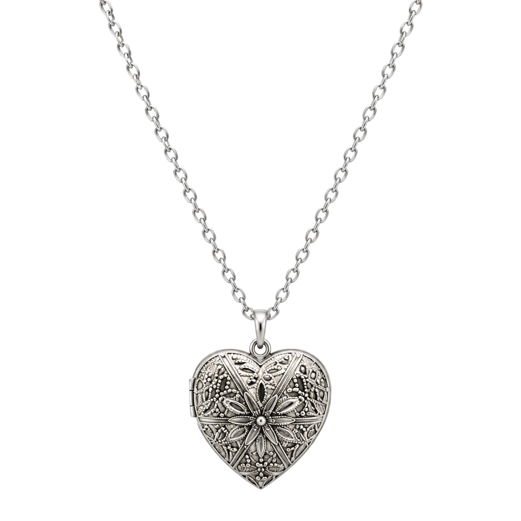 Upcycled Stainless Steel Silver Tone Filigree Heart Locket Necklace 1