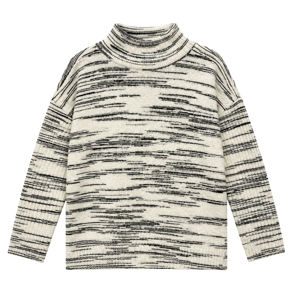 T by Talbots Mock Neck Sweater Size L Black White Space Dye 1