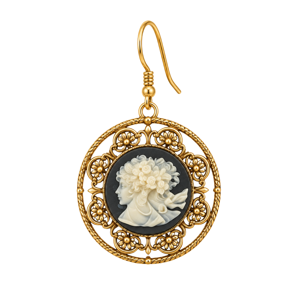 Vintage Black And White Cameo Filigree Drop Earrings 1