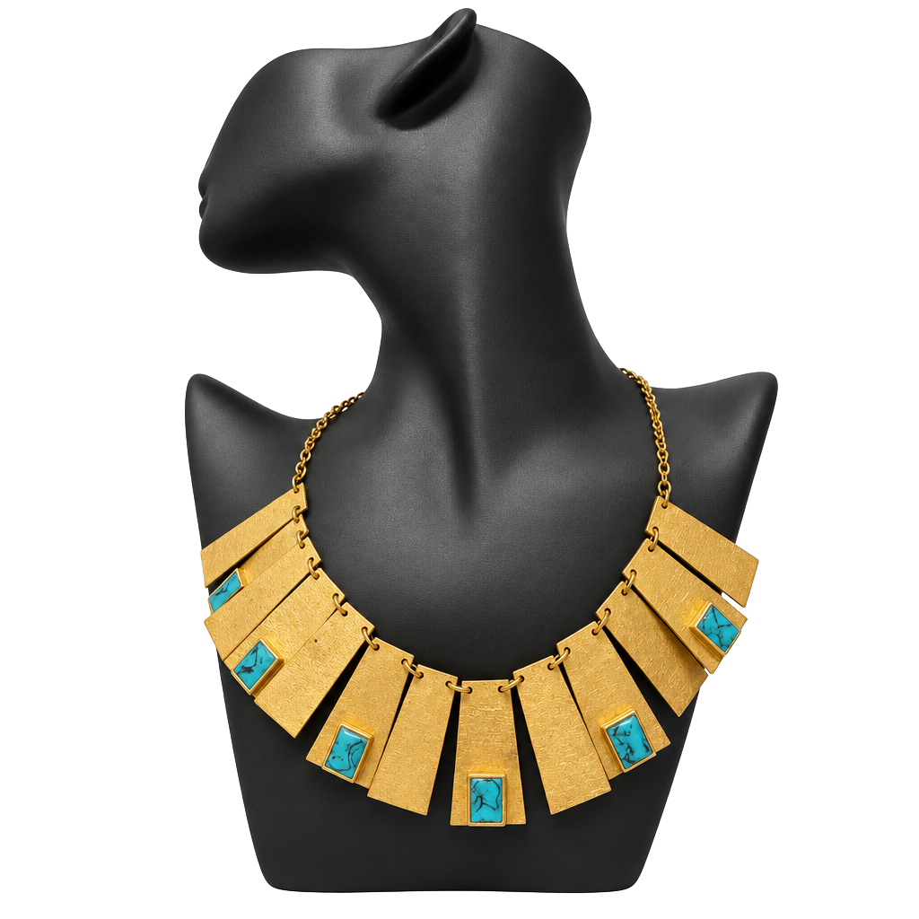 RARE! Vintage 1970s Brutalist Modernist Gold Tone Faux Turquoise Bib Necklace 1
