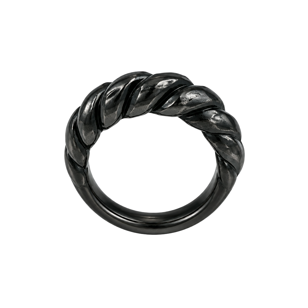 Vintage 1980s Black Carved Ribbed Dome Band Ring 1