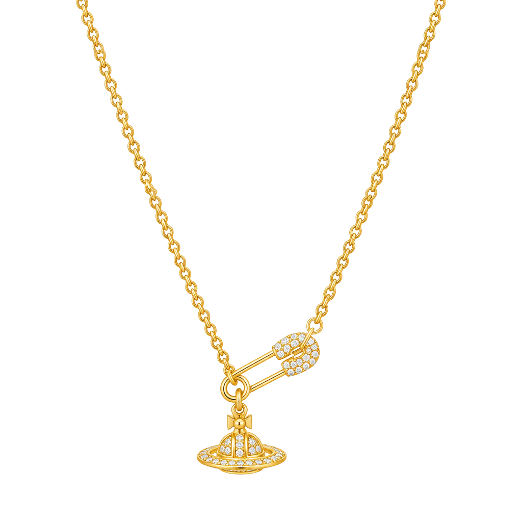 Vivienne Westwood Lucrece Orb Pendant Safety Pin Necklace Gold Crystal 1
