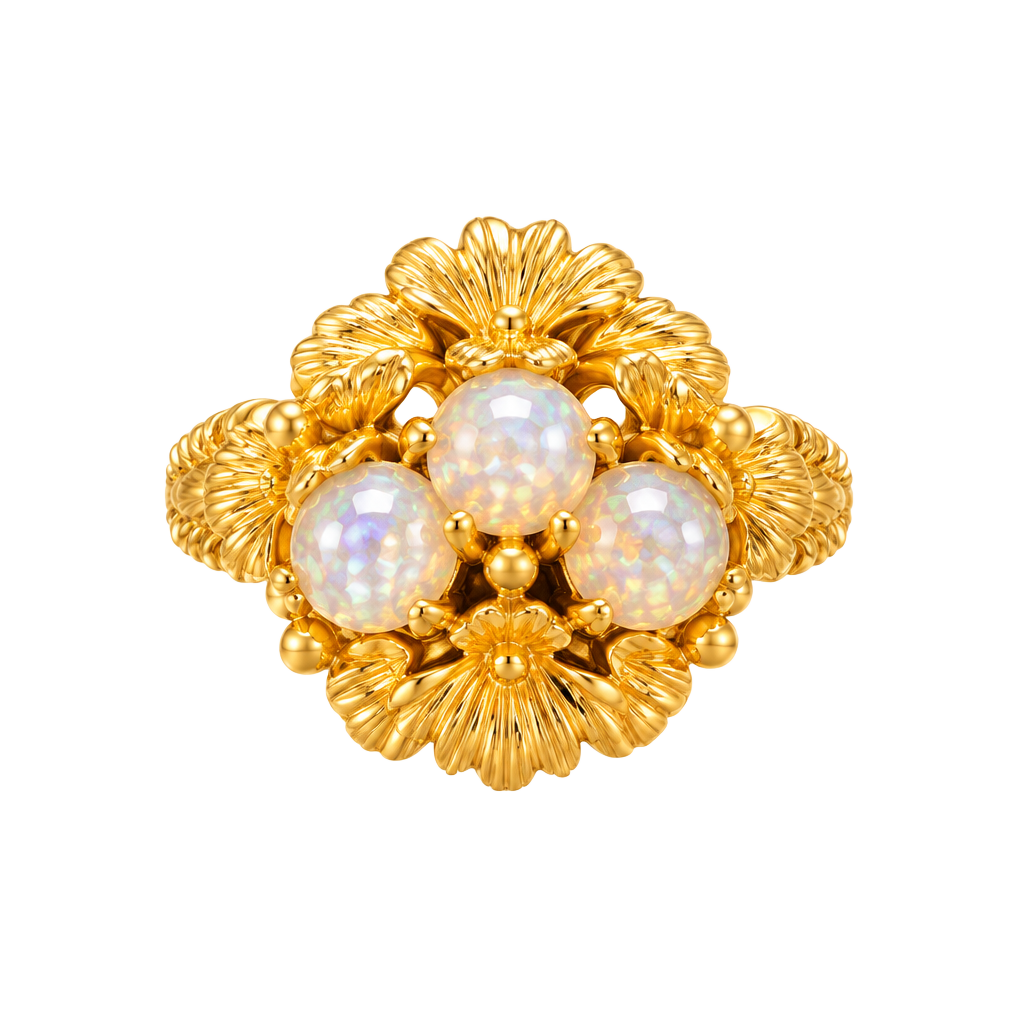 Vintage 1960s Avon Gold Tone Floral Statement Ring With Faux Opals 1