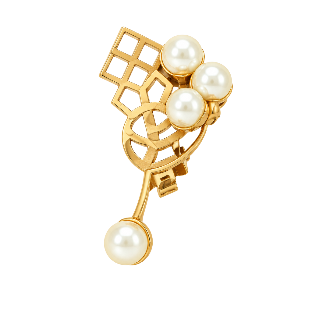 Vintage Gold Tone Faux Pearl Clip-On Earrings Art Deco Style 1
