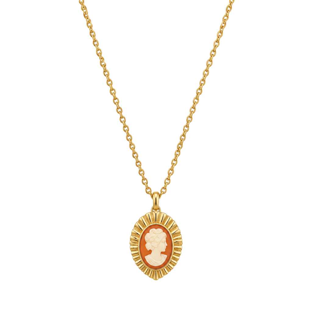 Upcycled Vintage 1970s Gold Tone Coral White Cameo Pendant Necklace 1