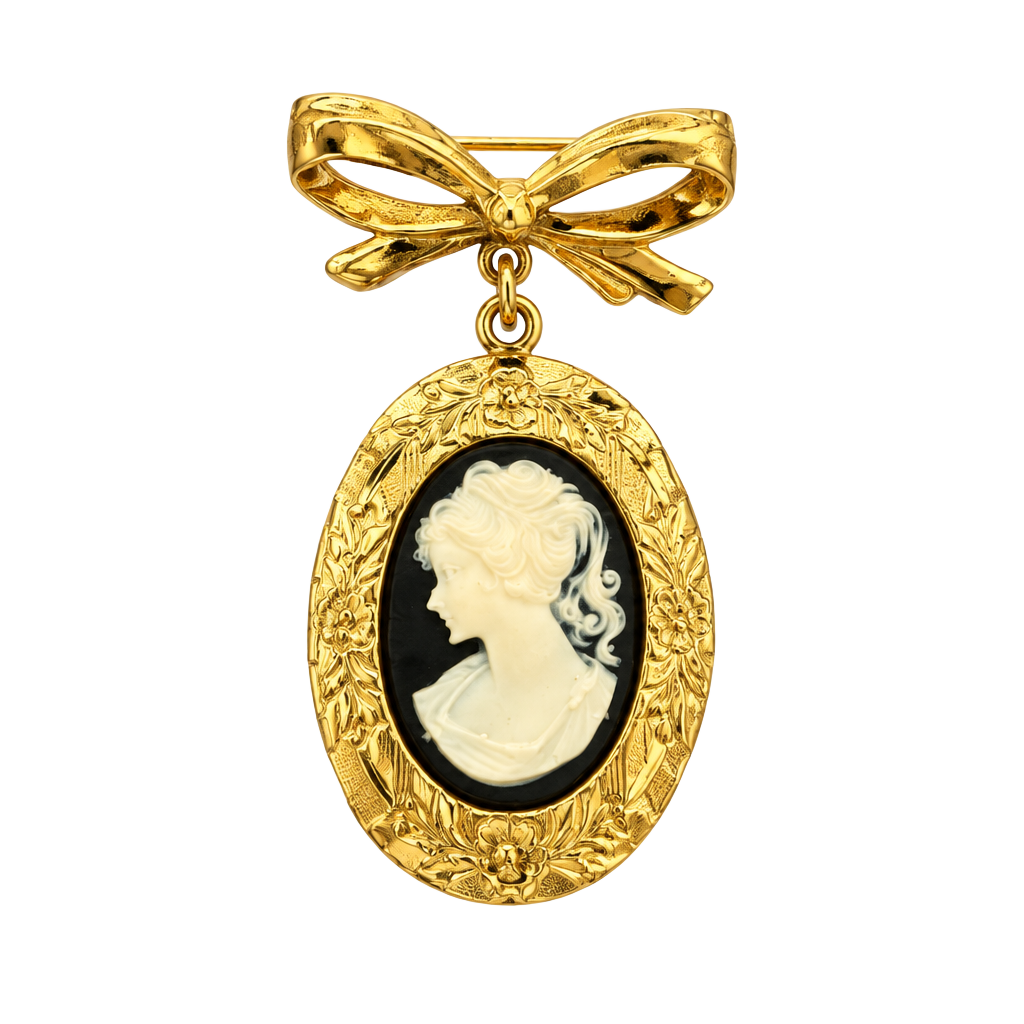 Vintage 1970s Gold Tone Bow Cameo Locket Pin Brooch 1